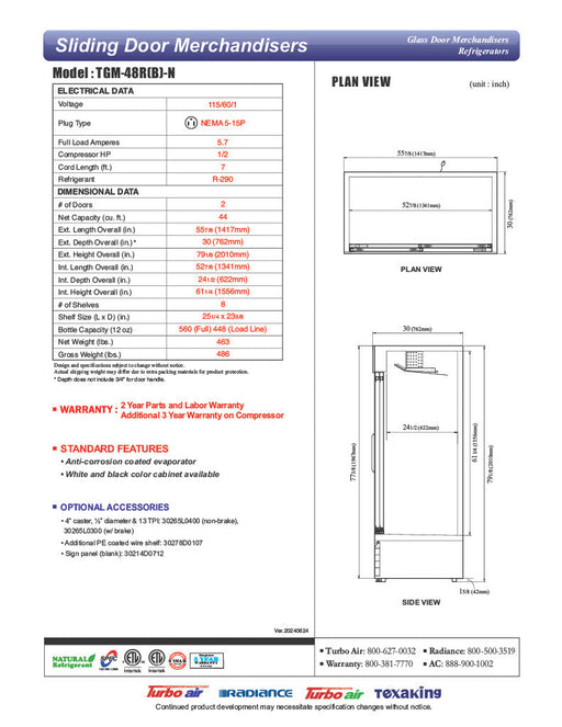 Turbo Air TGM-48RB-N 56" Series Two Section Glass Door Merchandiser - (2) Sliding Doors, Black, 115v - Bakery Wholesalers