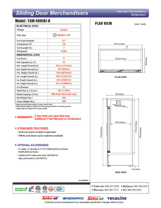 Turbo Air TGM-48RB-N 56" Series Two Section Glass Door Merchandiser - (2) Sliding Doors, Black, 115v - Bakery Wholesalers
