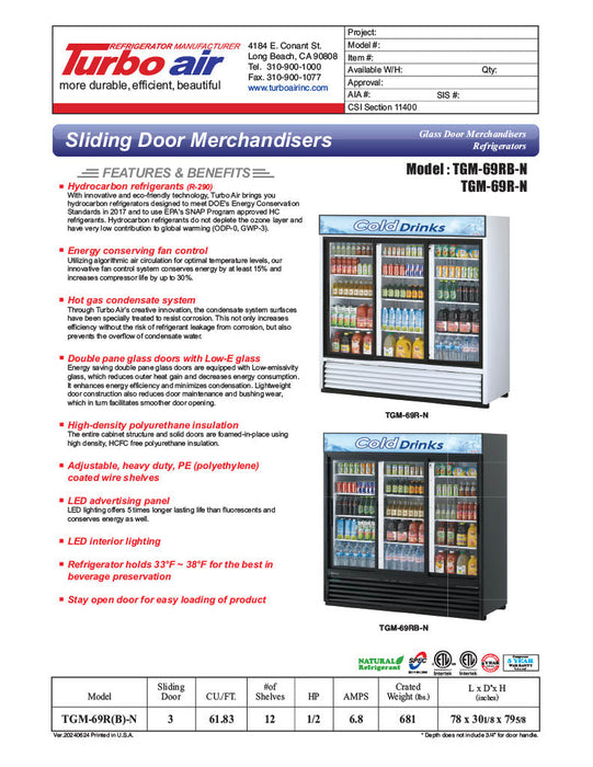 Turbo Air TGM-69R-N 78" White Three Section Glass Door Merchandiser Refrigerator – (3) Swing Doors, LED Lighting, 115v - Bakery Wholesalers