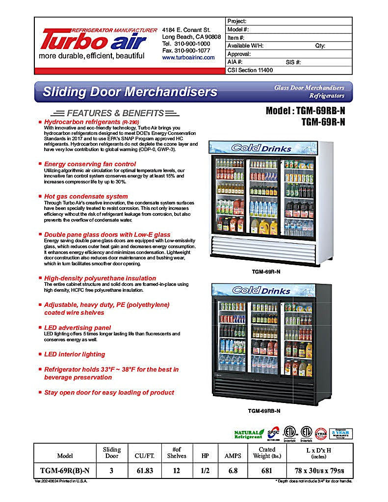 Turbo Air TGM-69RB-N 78" Black Three Section Glass Door Merchandiser Refrigerator – (3) Swing Doors, LED Lighting, 115v - Donut-Equipment.com