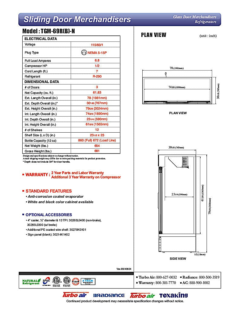 Turbo Air TGM-69RB-N 78" Black Three Section Glass Door Merchandiser Refrigerator – (3) Swing Doors, LED Lighting, 115v - Donut-Equipment.com