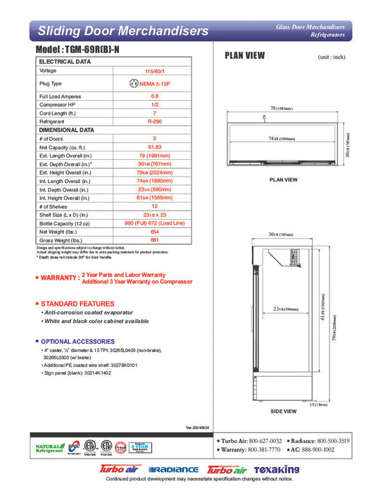 Turbo Air TGM-69RB-N 78" Black Three Section Glass Door Merchandiser Refrigerator – (3) Swing Doors, LED Lighting, 115v - Bakery Wholesalers