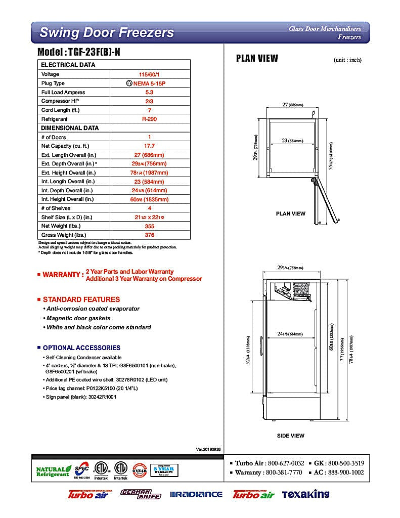 Turbo Air TGF-23FB-N 27" One Section Display Freezer w/ Swing Door - Bottom Mount Compressor, Black, 115v - Donut-Equipment.com