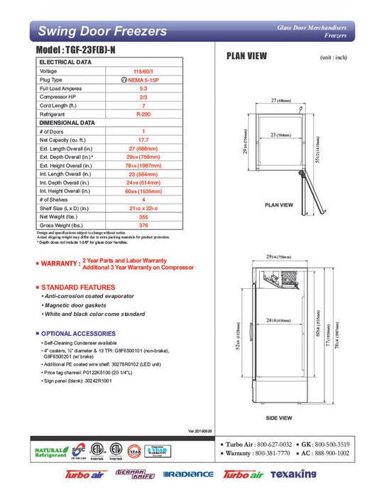 Turbo Air TGF-23F-N 27" One Section Display Freezer w/ Swing Door - Bottom Mount Compressor, White, 115v - Bakery Wholesalers