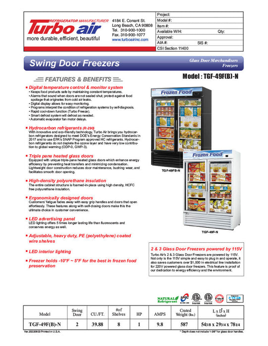 Turbo Air TGF-49F-N 54 3/8" Two Section Display Freezer w/ Swing Doors - Bottom Mount Compressor, White, 115v - Bakery Wholesalers