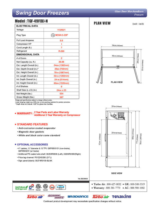Turbo Air TGF-49F-N 54 3/8" Two Section Display Freezer w/ Swing Doors - Bottom Mount Compressor, White, 115v - Bakery Wholesalers