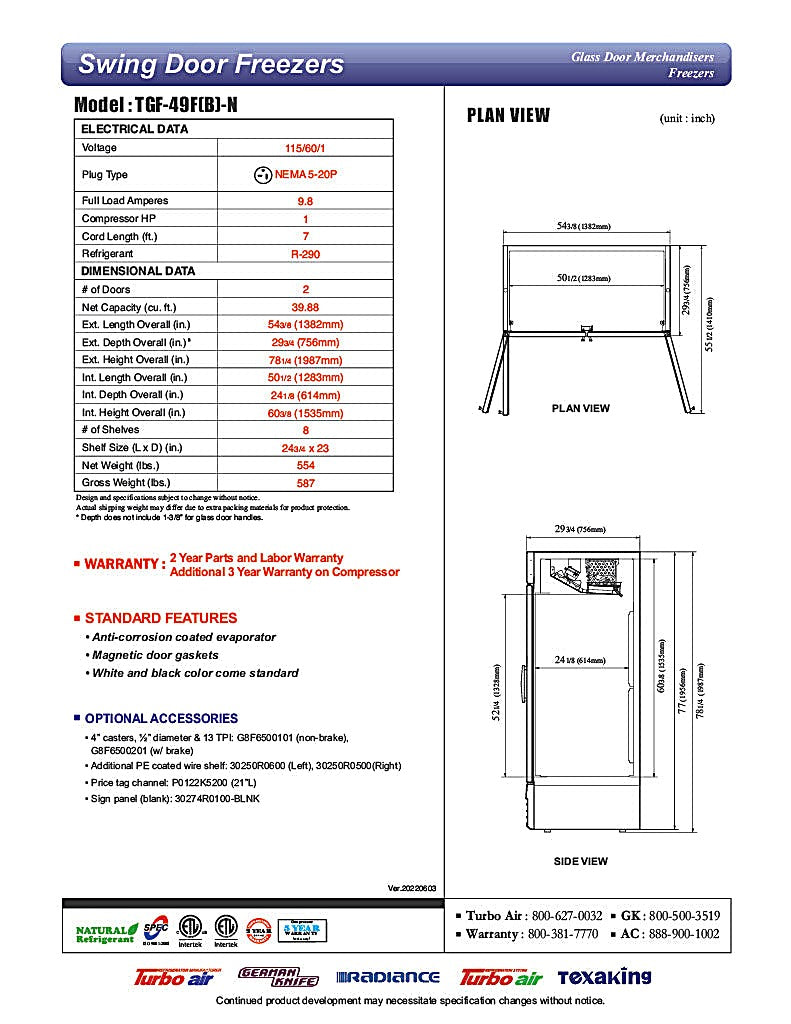 Turbo Air TGF-49FB-N 54 3/8" Two Section Display Freezer w/ Swing Doors - Bottom Mount Compressor, Black, 115v - Donut-Equipment.com