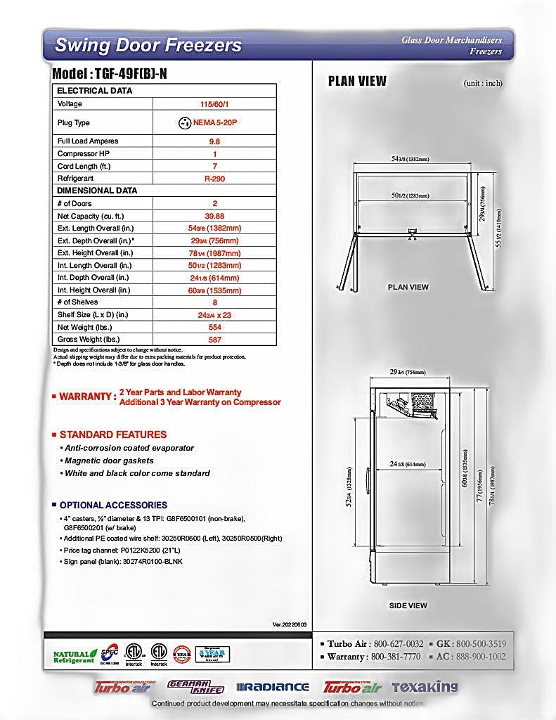 Turbo Air TGF-49FB-N 54 3/8" Two Section Display Freezer w/ Swing Doors - Bottom Mount Compressor, Black, 115v - Donut-Equipment.com