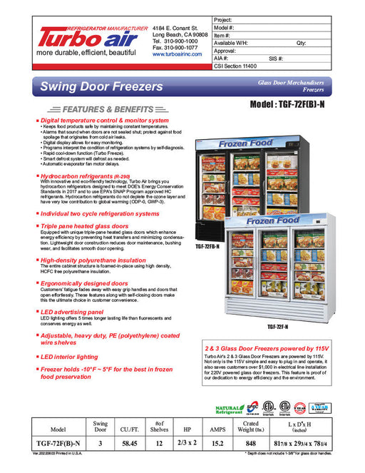 Turbo Air TGF-72F-N 81 7/8" Three Section Display Freezer w/ Swing Doors - Bottom Mount Compressor, White, 115v - Bakery Wholesalers