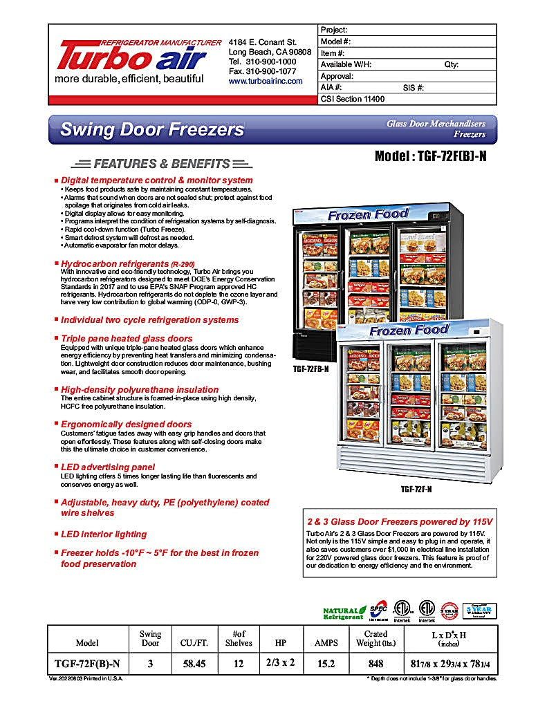 Turbo Air TGF-72FB-N 81 7/8" Three Section Display Freezer w/ Swing Doors - Bottom Mount Compressor, Black, 115v - Donut-Equipment.com