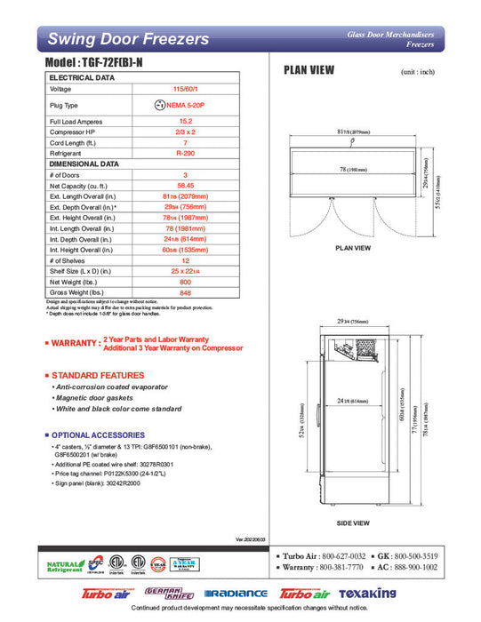 Turbo Air TGF-72F-N 81 7/8" Three Section Display Freezer w/ Swing Doors - Bottom Mount Compressor, White, 115v - Bakery Wholesalers