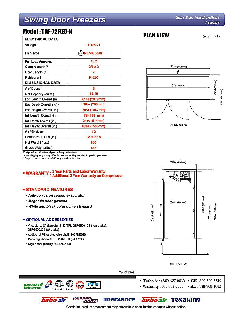 Turbo Air TGF-72FB-N 81 7/8" Three Section Display Freezer w/ Swing Doors - Bottom Mount Compressor, Black, 115v - Donut-Equipment.com