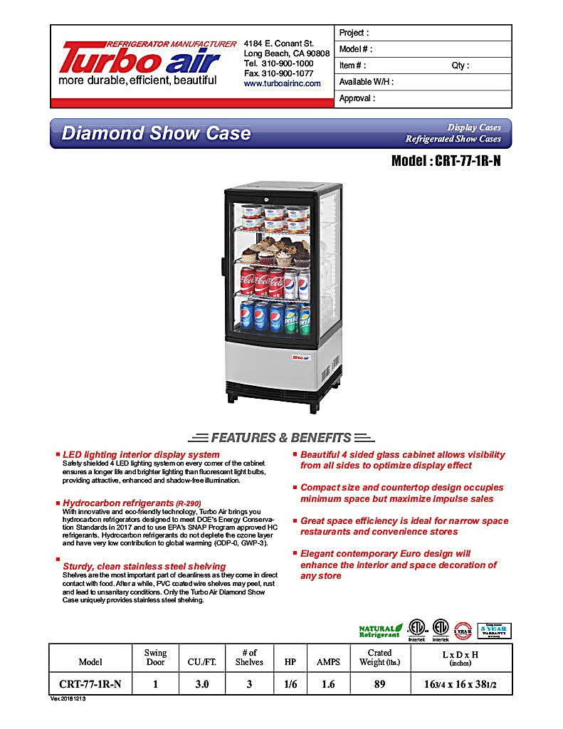 Turbo Air CRT-77-1R-N 17" Diamond Series Glass Sided Countertop Display Refrigerator – One Section, Rear Access, LED Lighting, 115v - Donut-Equipment.com