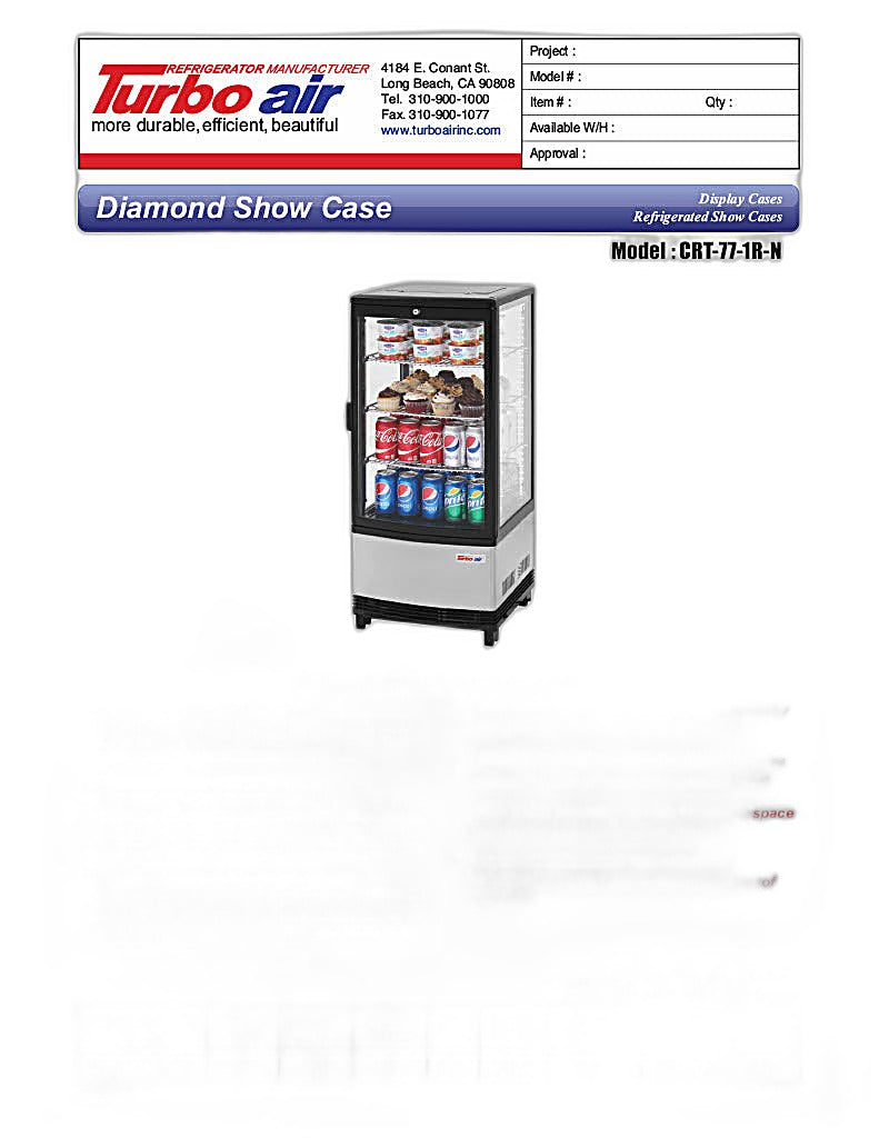 Turbo Air CRT-77-1R-N 17" Diamond Series Glass Sided Countertop Display Refrigerator – One Section, Rear Access, LED Lighting, 115v - Donut-Equipment.com