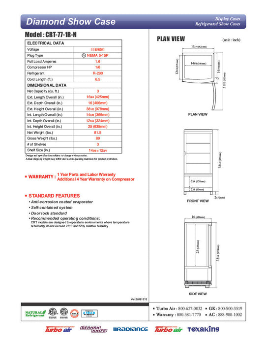 Turbo Air CRT-77-1R-N 17" Diamond Series Glass Sided Countertop Display Refrigerator – One Section, Rear Access, LED Lighting, 115v - Bakery Wholesalers