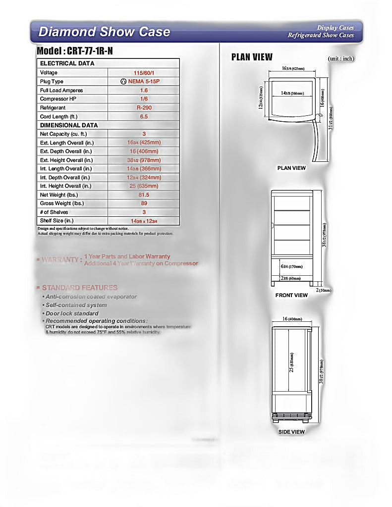Turbo Air CRT-77-1R-N 17" Diamond Series Glass Sided Countertop Display Refrigerator – One Section, Rear Access, LED Lighting, 115v - Donut-Equipment.com
