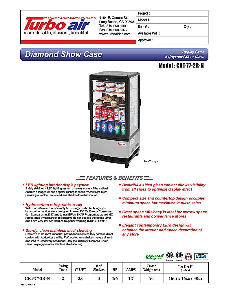 Turbo Air CRT-77-2R-N 17" Diamond Series Countertop Display Refrigerator – Pass-Thru Access, Swing Doors, Stainless Steel Finish, 115v - Donut-Equipment.com