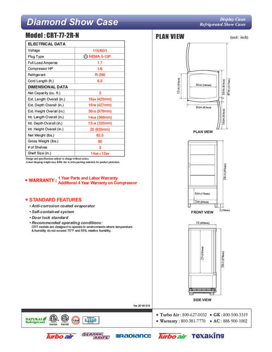 Turbo Air CRT-77-2R-N 17" Diamond Series Countertop Display Refrigerator – Pass-Thru Access, Swing Doors, Stainless Steel Finish, 115v - Bakery Wholesalers