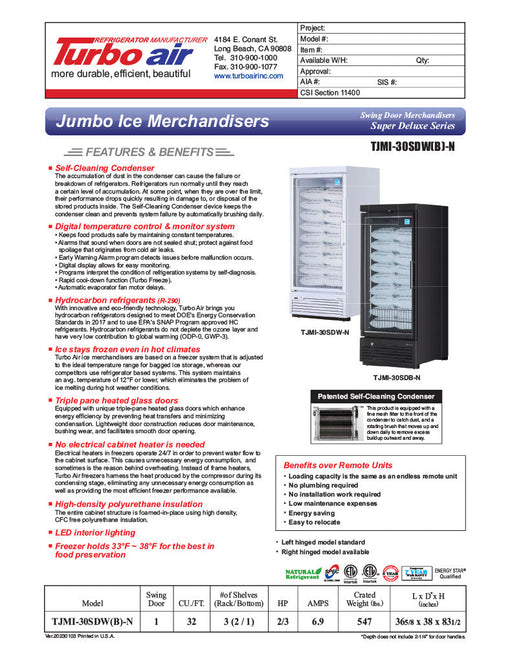 Turbo Air TJMI-30SDB-N 36 5/8" Black Indoor Ice Merchandiser w/ Glass Door – Bottom Mount Compressor, 115v - Bakery Wholesalers