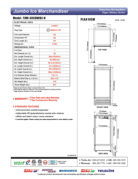 Turbo Air TJMI-30SDW-N 36 5/8" White Indoor Ice Merchandiser w/ Glass Door – Bottom Mount Compressor, 115v - Bakery Wholesalers