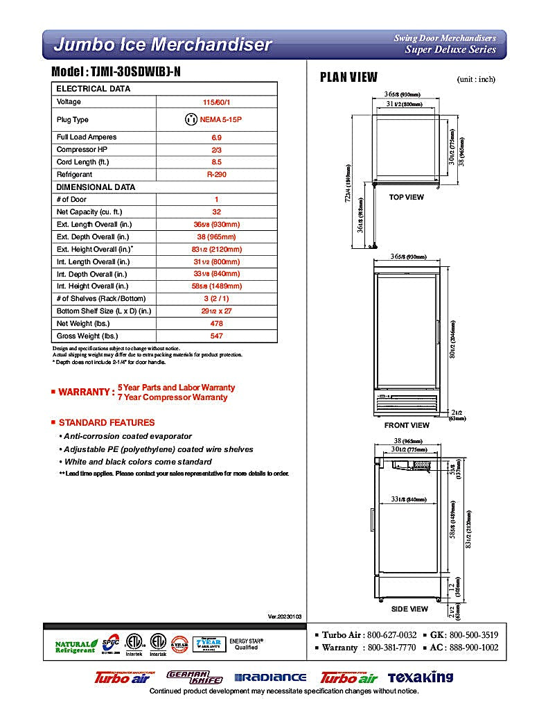 Turbo Air TJMI-30SDW-N 36 5/8" White Indoor Ice Merchandiser w/ Glass Door – Bottom Mount Compressor, 115v - Donut-Equipment.com