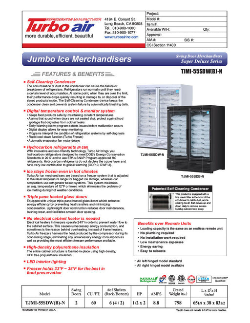 Turbo Air TJMI-55SDB-N 65 1/8" Black Indoor Ice Merchandiser w/ Glass Door – Bottom Mount Compressor, 115v - Bakery Wholesalers