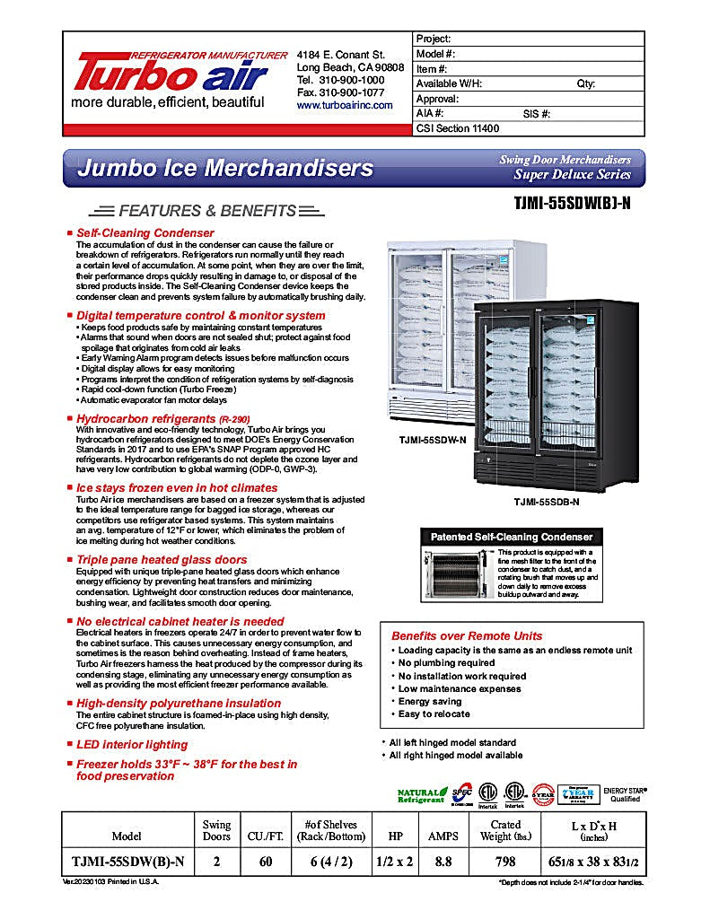 Turbo Air TJMI-55SDW-N 65 1/8" White Indoor Ice Merchandiser w/ Glass Door – Bottom Mount Compressor, 115v - Donut-Equipment.com