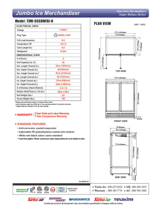 Turbo Air TJMI-55SDB-N 65 1/8" Black Indoor Ice Merchandiser w/ Glass Door – Bottom Mount Compressor, 115v - Bakery Wholesalers