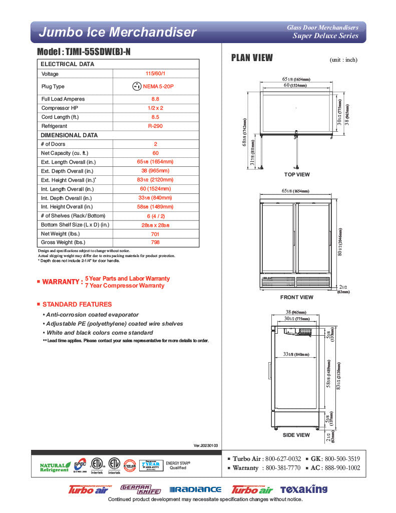 Turbo Air TJMI-55SDW-N 65 1/8" White Indoor Ice Merchandiser w/ Glass Door – Bottom Mount Compressor, 115v - Donut-Equipment.com