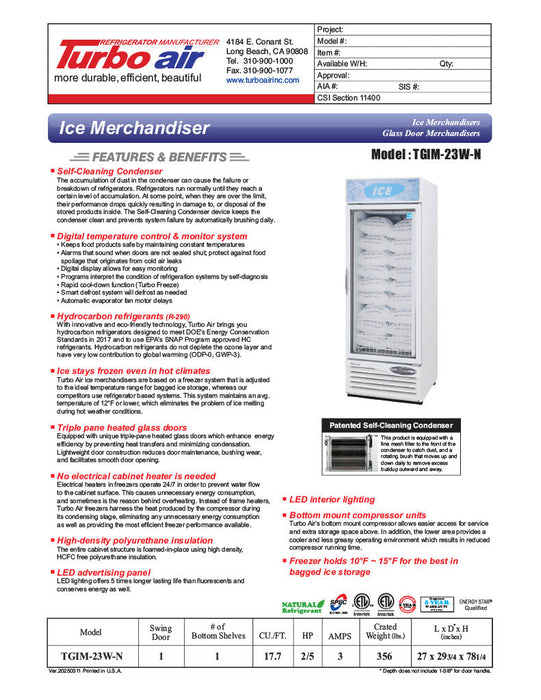 Turbo Air TGIM-23W-N 27" Indoor Ice Merchandiser w/ Bottom Mount Compressor - Glass Door, 115v - Bakery Wholesalers