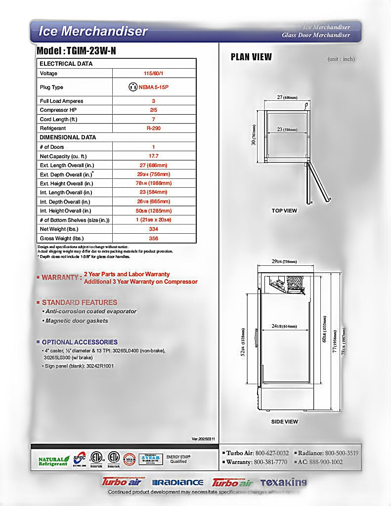 Turbo Air TGIM-23W-N 27" Indoor Ice Merchandiser w/ Bottom Mount Compressor - Glass Door, 115v - Donut-Equipment.com