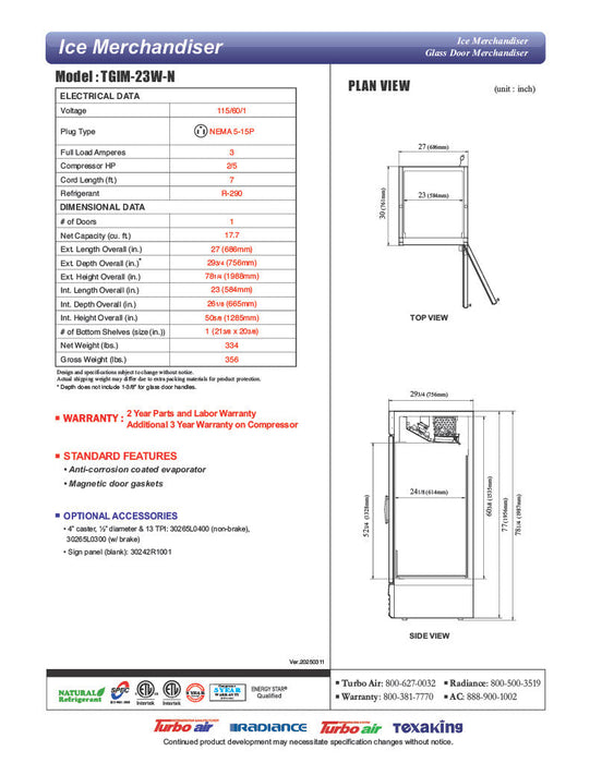 Turbo Air TGIM-23W-N 27" Indoor Ice Merchandiser w/ Bottom Mount Compressor - Glass Door, 115v - Bakery Wholesalers