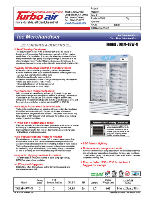 Turbo Air TGIM-49W-N 54" Indoor Ice Merchandiser w/ Bottom Mount Compressor - Glass Door, 115v - Bakery Wholesalers