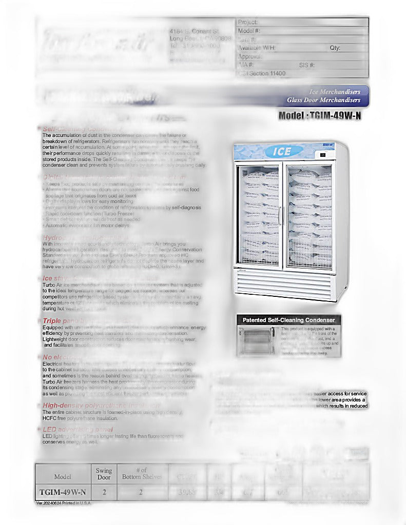Turbo Air TGIM-49W-N 54" Indoor Ice Merchandiser w/ Bottom Mount Compressor - Glass Door, 115v - Donut-Equipment.com