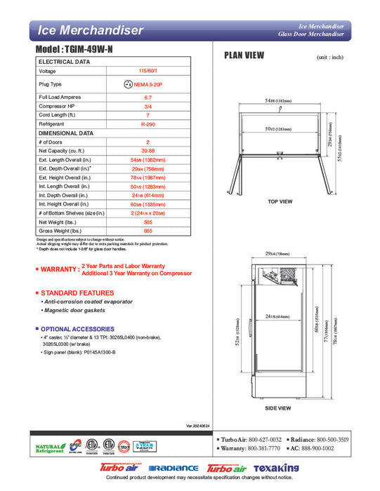 Turbo Air TGIM-49W-N 54" Indoor Ice Merchandiser w/ Bottom Mount Compressor - Glass Door, 115v - Bakery Wholesalers