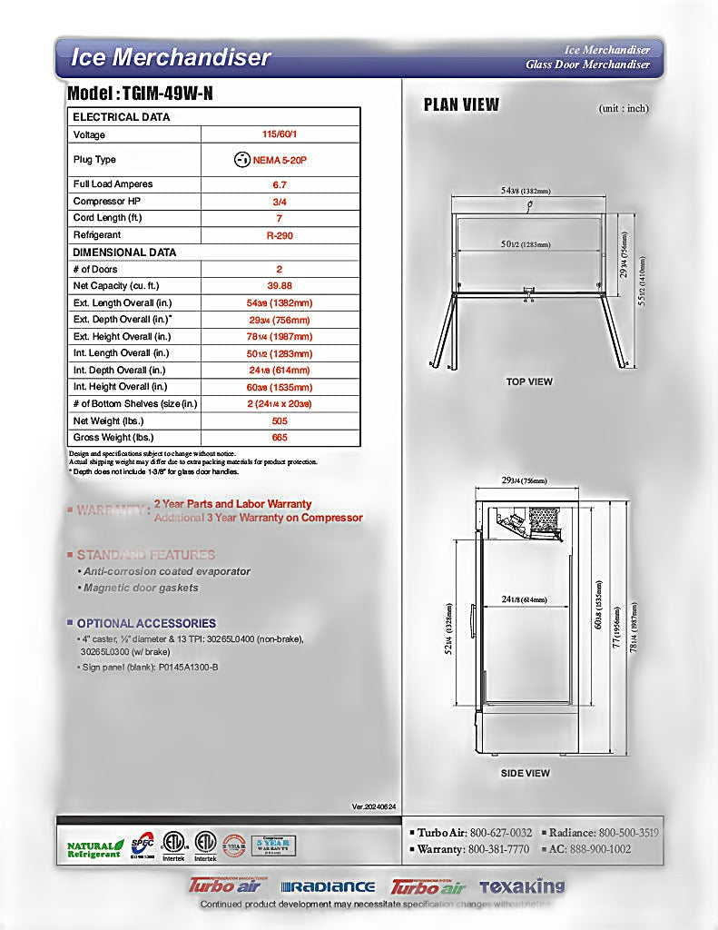 Turbo Air TGIM-49W-N 54" Indoor Ice Merchandiser w/ Bottom Mount Compressor - Glass Door, 115v - Donut-Equipment.com