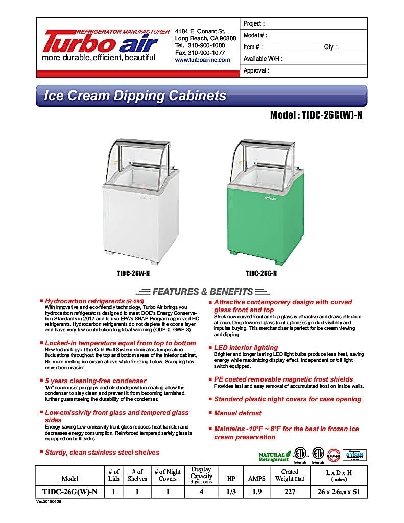 Turbo Air TIDC-26W-N 26" Stand Alone Ice Cream Freezer w/ 4 Tub Capacity - White, 115v - Donut-Equipment.com