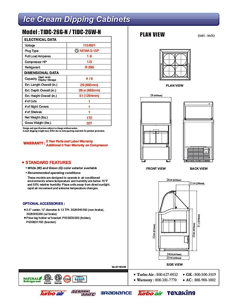 Turbo Air TIDC-26W-N 26" Stand Alone Ice Cream Freezer w/ 4 Tub Capacity - White, 115v - Donut-Equipment.com