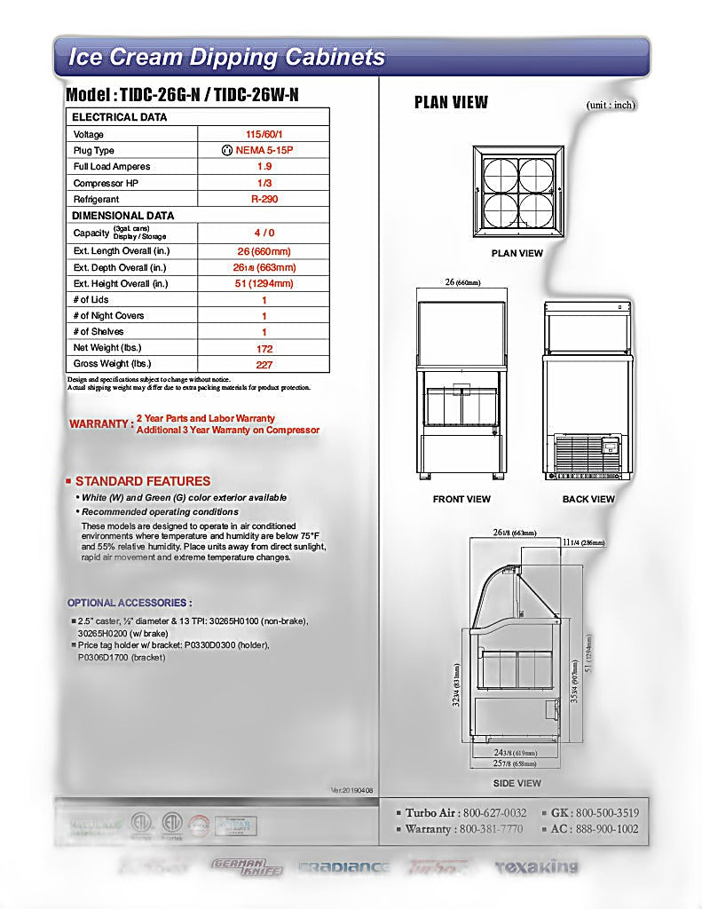 Turbo Air TIDC-26W-N 26" Stand Alone Ice Cream Freezer w/ 4 Tub Capacity - White, 115v - Donut-Equipment.com