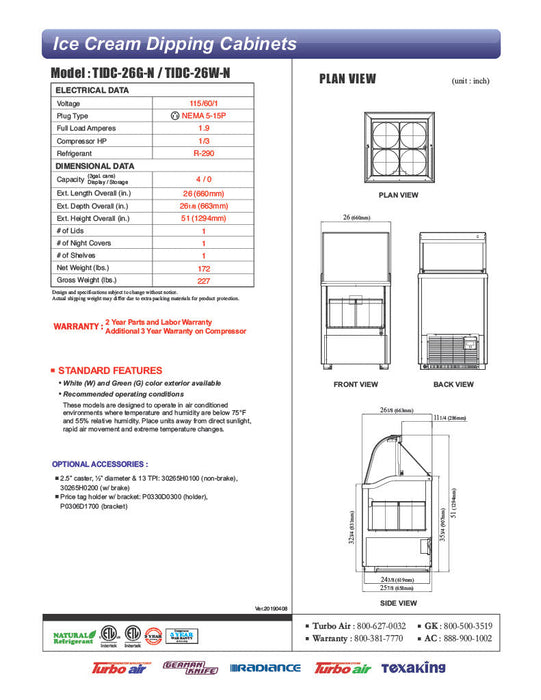 Turbo Air TIDC-26W-N 26" Stand Alone Ice Cream Freezer w/ 4 Tub Capacity - White, 115v - Bakery Wholesalers