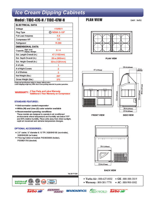 Turbo Air TIDC-47W-N 47" Stand Alone Ice Cream Freezer w/ 8 Tub Capacity - White, 115v - Bakery Wholesalers