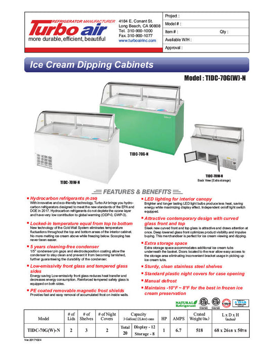Turbo Air TIDC-70W-N 68" Stand Alone Ice Cream Freezer w/ 12 Tub Capacity - White, 115v - Bakery Wholesalers