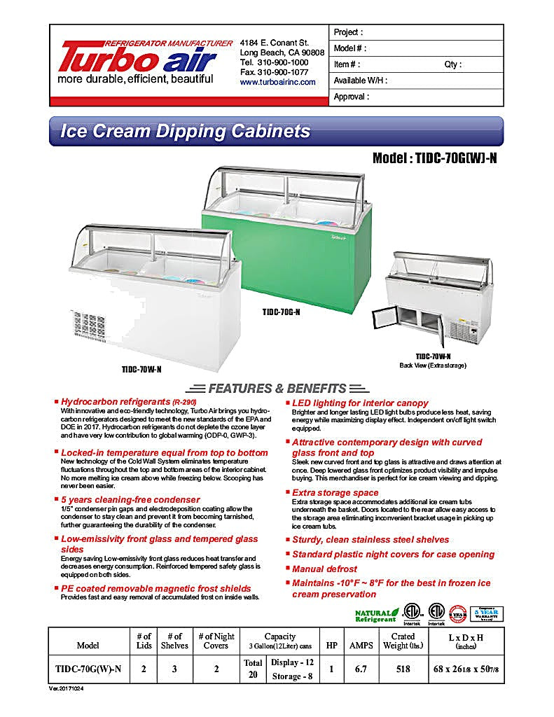 Turbo Air TIDC-70W-N 68" Stand Alone Ice Cream Freezer w/ 12 Tub Capacity - White, 115v - Donut-Equipment.com
