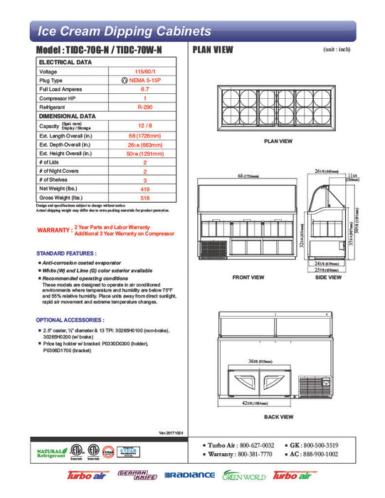 Turbo Air TIDC-70W-N 68" Stand Alone Ice Cream Freezer w/ 12 Tub Capacity - White, 115v - Bakery Wholesalers