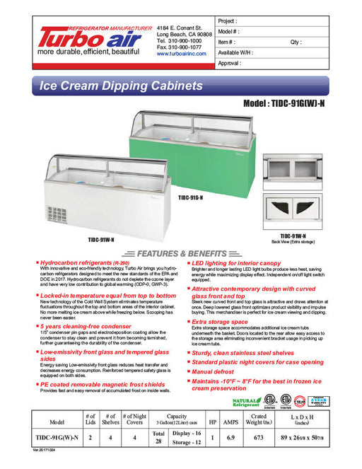 Turbo Air TIDC-91G-N 89" Stand-Alone Ice Cream Freezer w/ (16) 3 gal Tub Capacity - Green, 115v - Bakery Wholesalers