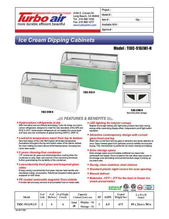 Turbo Air TIDC-91G-N 89" Stand-Alone Ice Cream Freezer w/ (16) 3 gal Tub Capacity - Green, 115v - Bakery Wholesalers