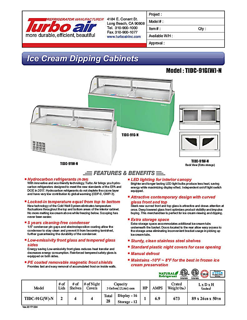 Turbo Air TIDC-91W-N 89" Stand-Alone Ice Cream Freezer w/ (16) 3 gal Tub Capacity - White, 115v - Donut-Equipment.com