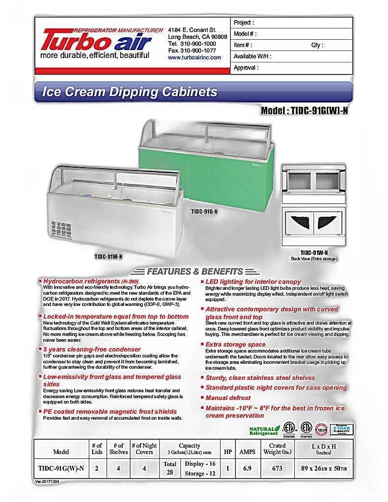 Turbo Air TIDC-91W-N 89" Stand-Alone Ice Cream Freezer w/ (16) 3 gal Tub Capacity - White, 115v - Donut-Equipment.com