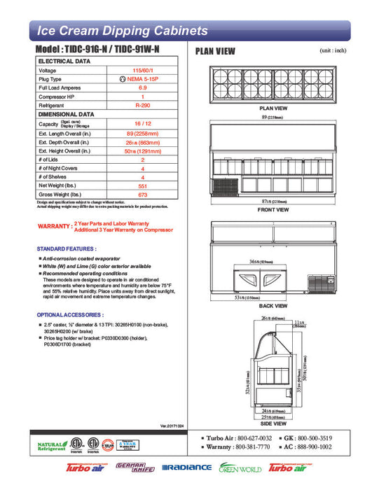 Turbo Air TIDC-91G-N 89" Stand-Alone Ice Cream Freezer w/ (16) 3 gal Tub Capacity - Green, 115v - Bakery Wholesalers