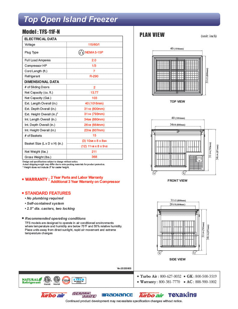 Turbo Air TFS-11F-N 40" Mobile Chest Freezer w/ (15) Baskets - White, 115v - Donut-Equipment.com
